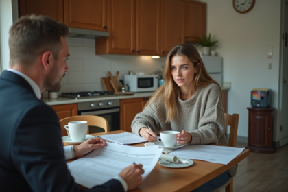 Femme et avocat discutent de documents locatifs dans un appartement