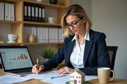Femme professionnelle en blazer marine étudiant des documents juridiques pour créer une SCI seule dans un bureau moderne