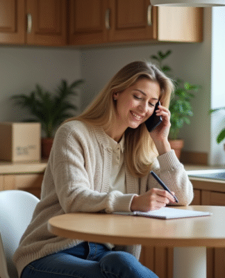 Femme assise à la cuisine parlant au smartphone