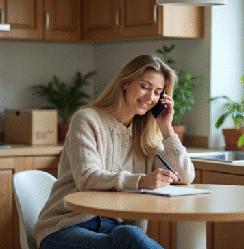 Déménagement : Qui et comment informer les personnes concernées ? Femme assise à la cuisine parlant au smartphone