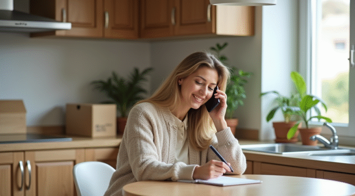 Femme assise à la cuisine parlant au smartphone