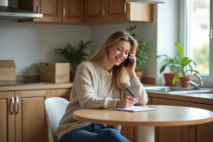 femme-cuisine-smartphone Femme assise à la cuisine parlant au smartphone
