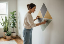 Ambiances murales : inspirations créatives pour métamorphoser votre pièce Jeune femme appliquant une decalcomanie murale geometrique