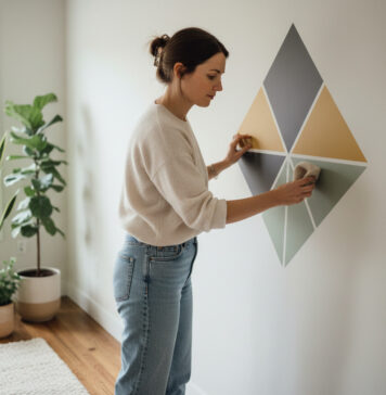 Ambiances murales : inspirations créatives pour métamorphoser votre pièce Jeune femme appliquant une decalcomanie murale geometrique