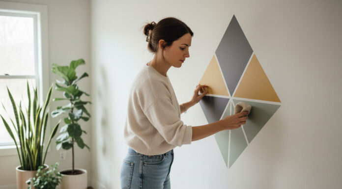 Jeune femme appliquant une decalcomanie murale geometrique