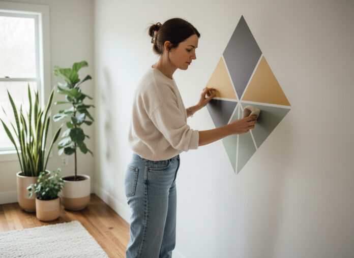 Jeune femme appliquant une decalcomanie murale geometrique