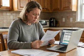 Femme inquiète examinant des documents d'assurance habitation à la hausse sur sa table de cuisine