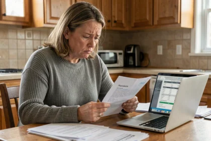 Femme inquiète examinant des documents d'assurance habitation à la hausse sur sa table de cuisine