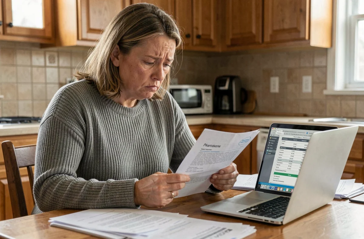 Femme inquiète examinant des documents d'assurance habitation à la hausse sur sa table de cuisine