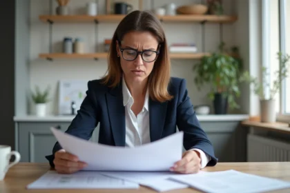 Femme examinant des documents immobiliers avec attention avant l'achat d'une maison