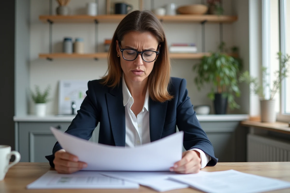 Femme examinant des documents immobiliers avec attention avant l'achat d'une maison