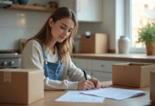 Jeune femme concentrée à son bureau avec cartons de déménagement