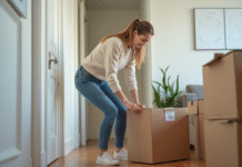 Jeune femme emballant une boîte dans un couloir moderne