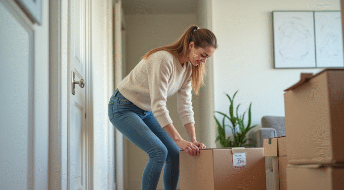 Jeune femme emballant une boîte dans un couloir moderne