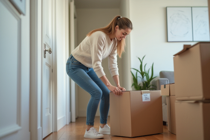 Jeune femme emballant une boîte dans un couloir moderne