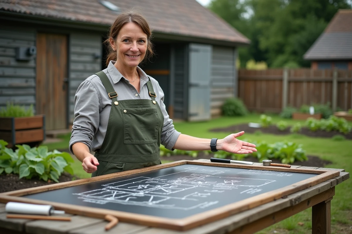 Femme en vêtements de travail expliquant un diagramme de jardinage