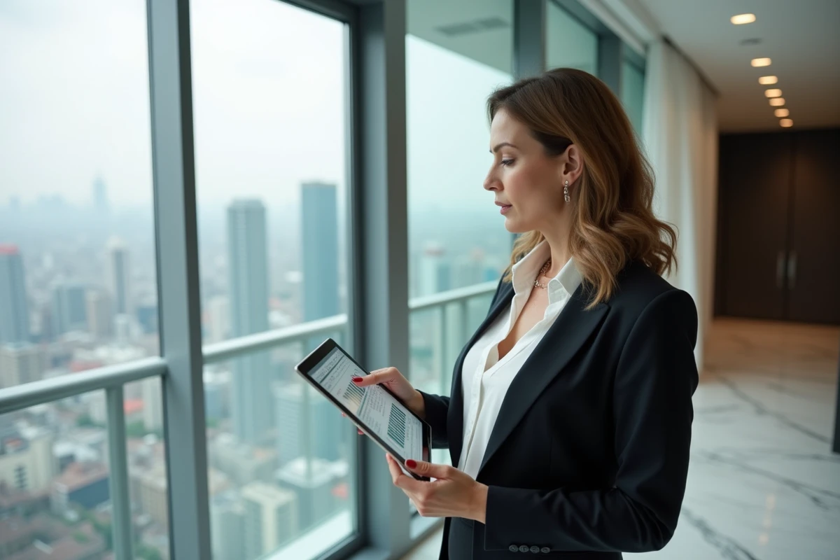 Femme regardant un graphique immobilier sur une tablette dans un appartement