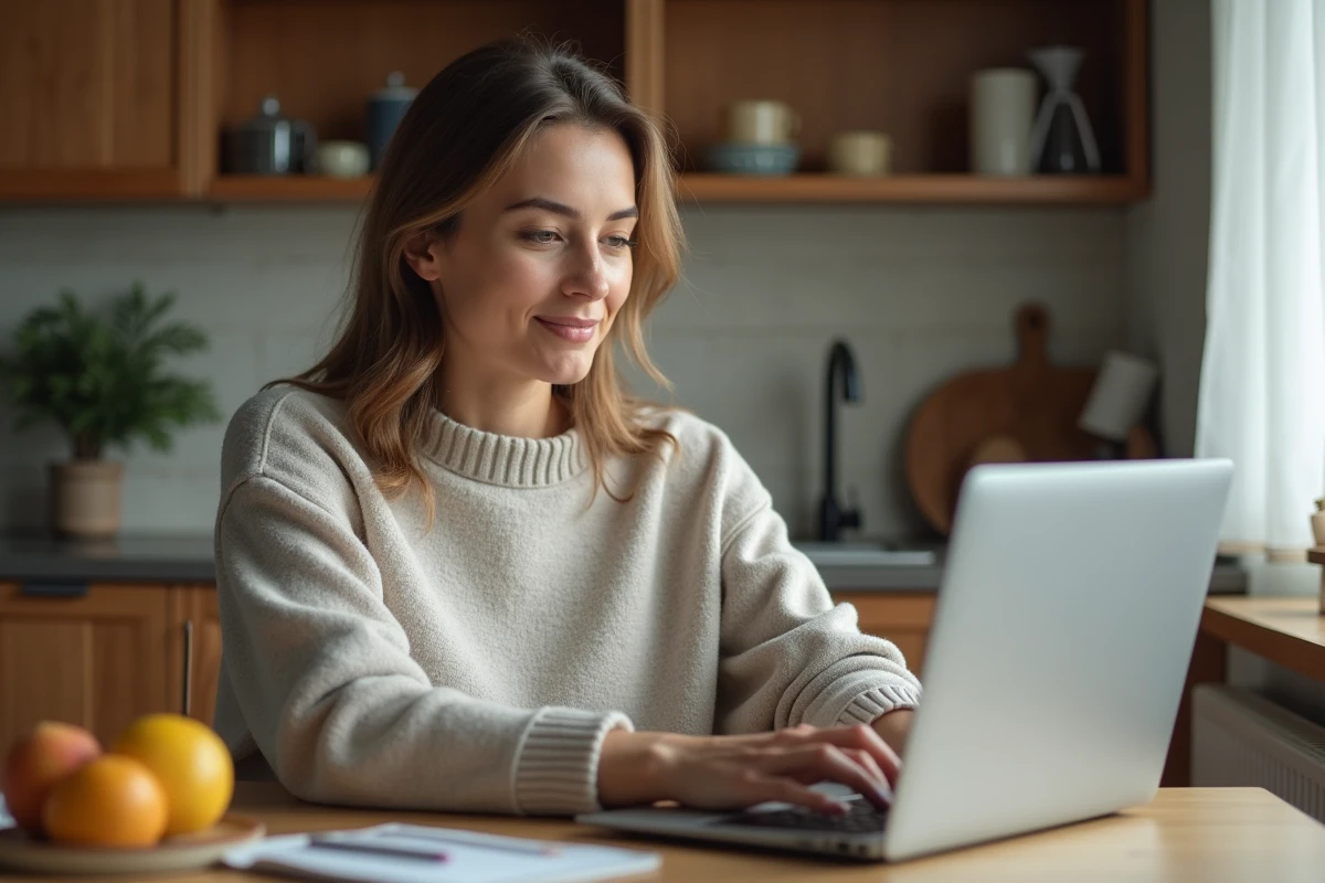 Femme assise à la cuisine en ligne pour estimer sa maison