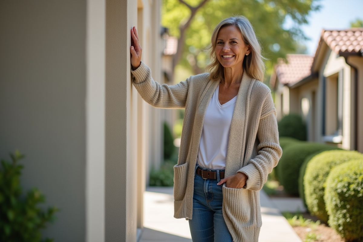 Femme souriante touchant la façade rénovée de sa maison