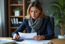 Frais de notaire : comment déduire efficacement ? Femme d'affaires en réunion de finances dans un bureau moderne