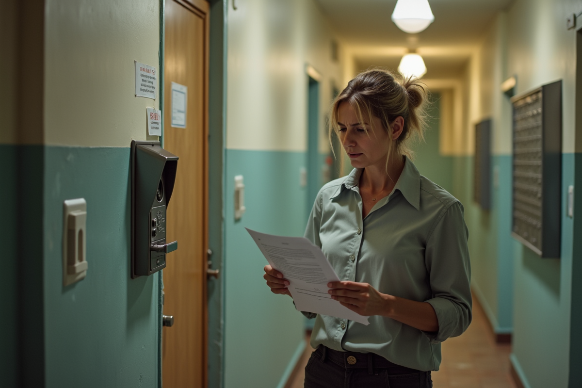 Femme frustrée examinant un interphone défectueux dans un couloir