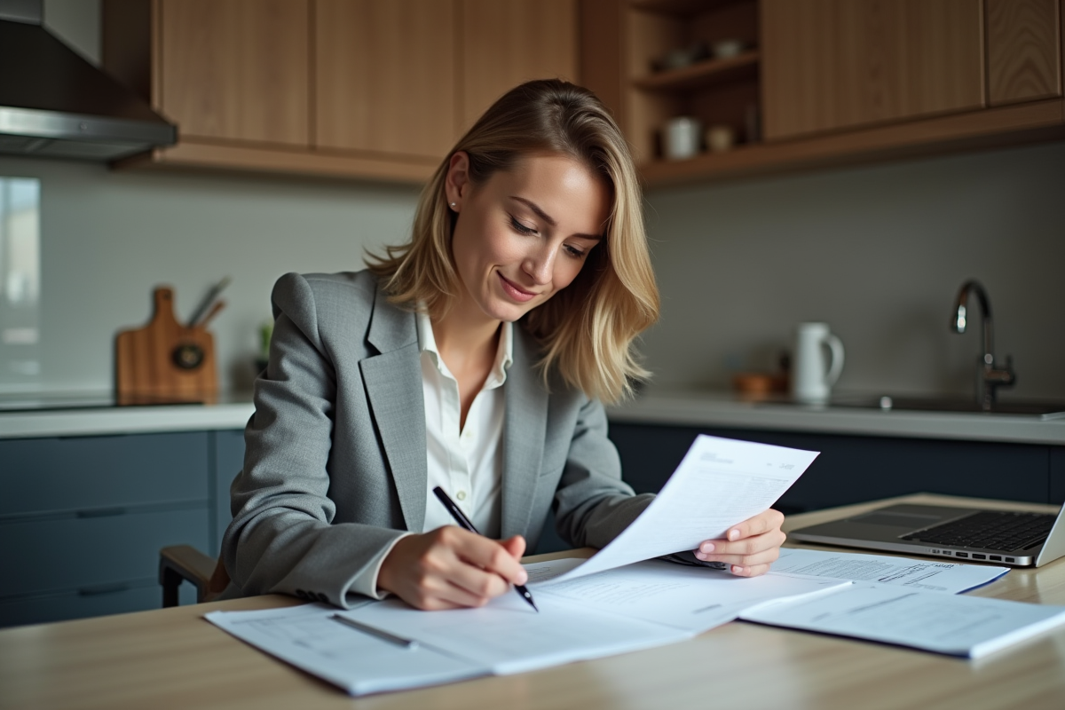 Jeune femme vérifiant ses documents fiscaux dans la cuisine