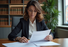 Femme française en bureau examinant des documents de gestion immobilière