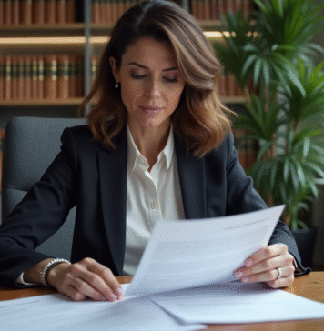 Femme française en bureau examinant des documents de gestion immobilière