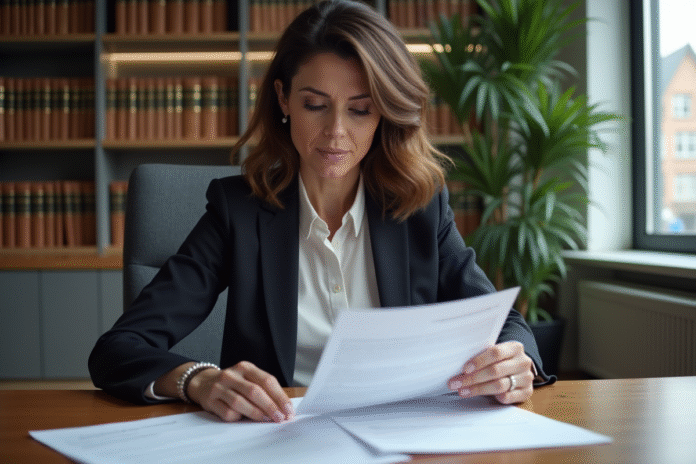 Femme française en bureau examinant des documents de gestion immobilière