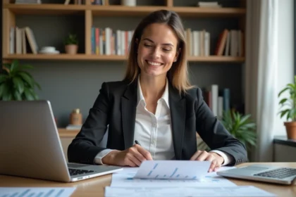 Femme professionnelle examinant des documents immobiliers dans un bureau moderne