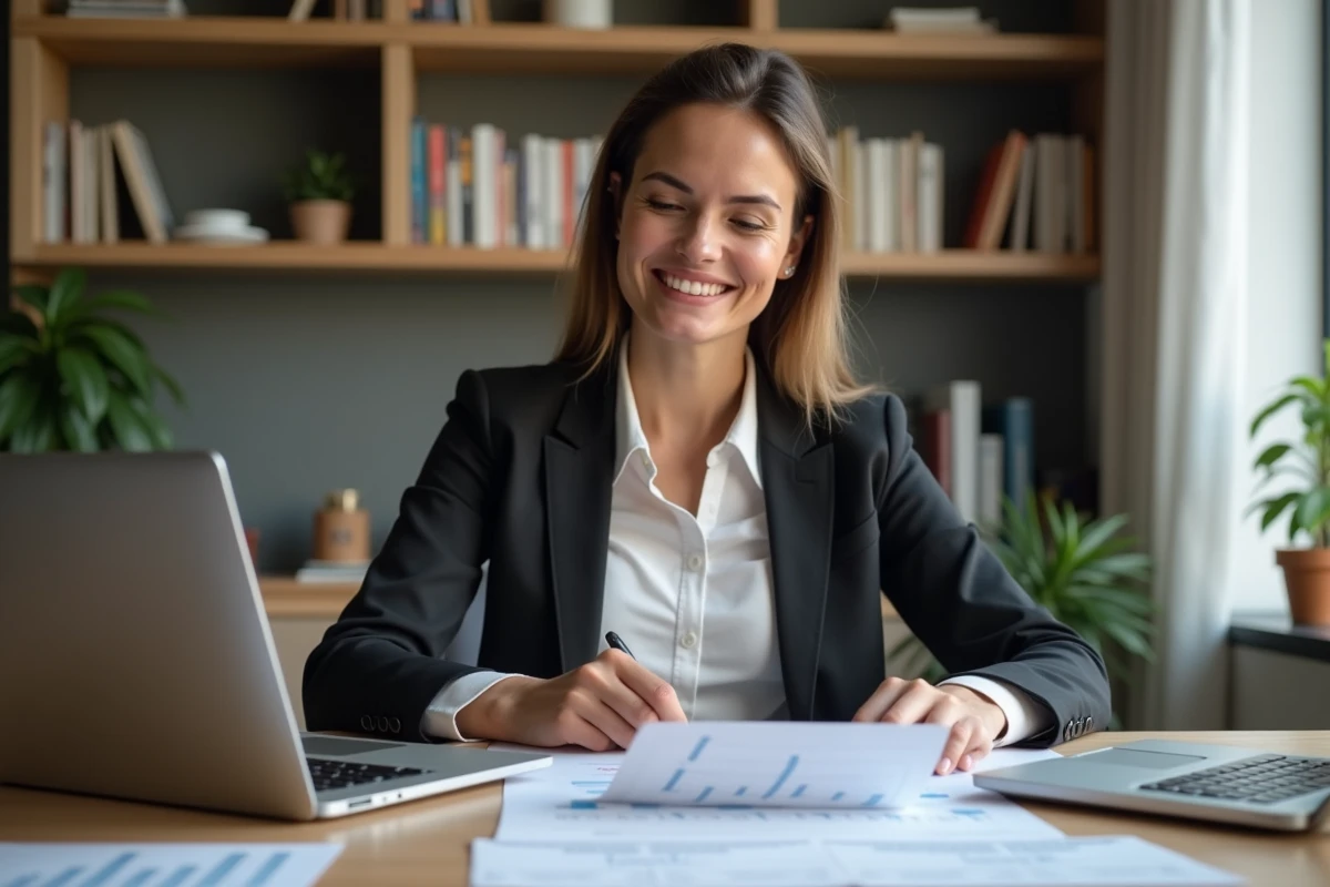 Femme professionnelle examinant des documents immobiliers dans un bureau moderne