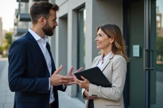 Femme d'âge moyen discutant avec agent immobilier devant un immeuble