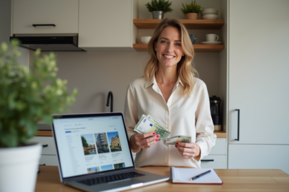 Femme souriante tenant des billets et un carnet immobilier