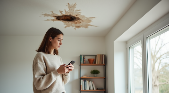 Femme inquiète devant une tache d'eau au plafond