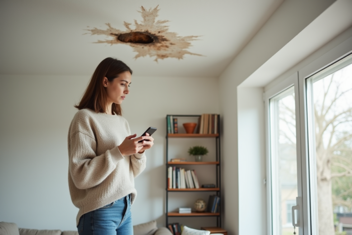 Femme inquiète devant une tache d'eau au plafond
