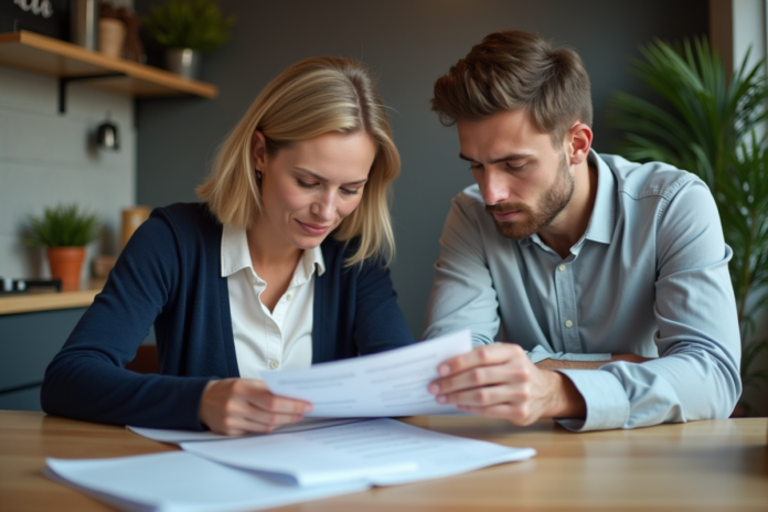 Femme et jeune homme examinant un contrat de location