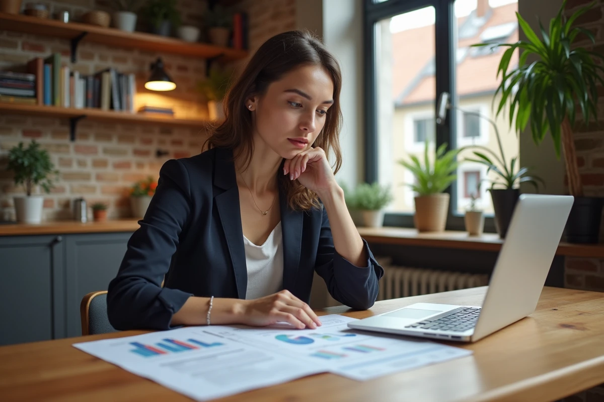 Jeune femme lisant rapport diagnostic immobilier dans appartement