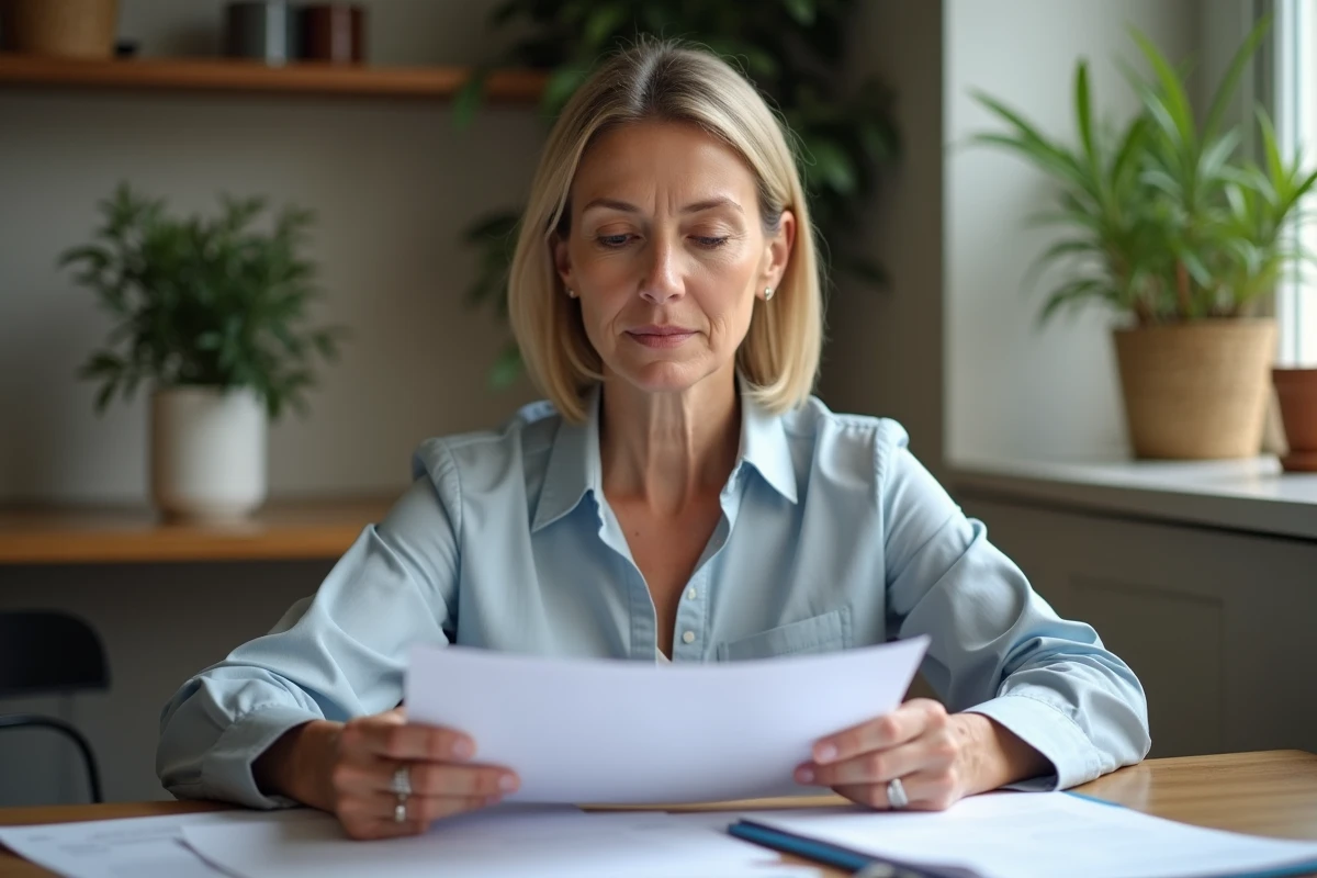 Femme d'âge moyen lisant des documents à la maison