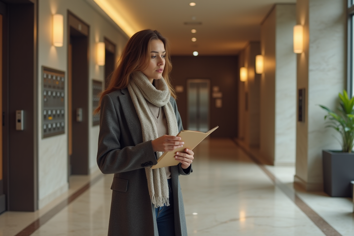 Jeune femme lisant une affiche dans un hall d appartement