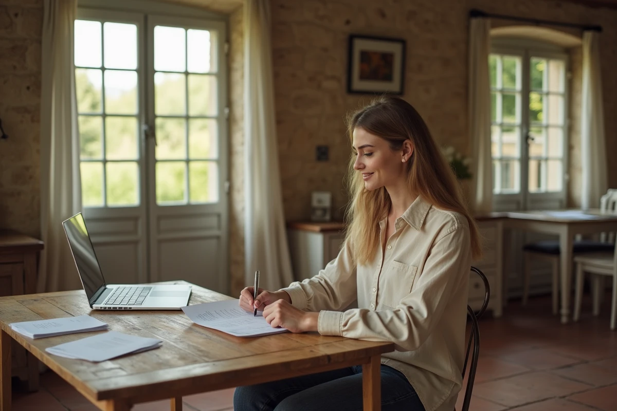 Jeune femme consultant des documents de location dans une maison accessible avec petits revenus dans l'Eure