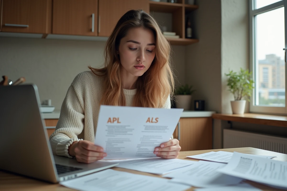 Jeune femme examine des documents APL dans sa cuisine