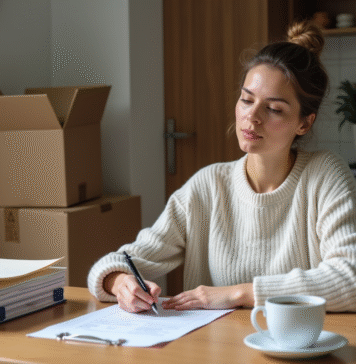 Changement de résidence principale : Prévenir les bons interlocuteurs pour faciliter le déménagement Femme concentrée remplissant des papiers lors d'un déménagement