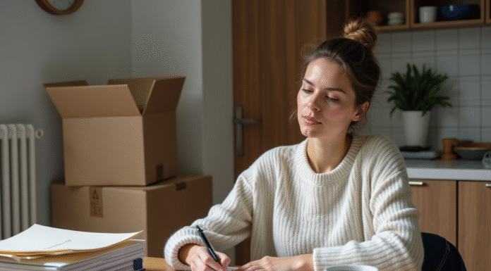 Femme concentrée remplissant des papiers lors d'un déménagement