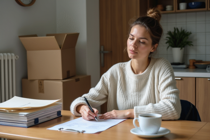 femme-papiers-move Femme concentrée remplissant des papiers lors d'un déménagement
