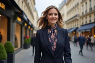 Femme élégante marchant avenue Montaigne à Paris