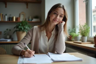 Jeune femme pensant à ses papiers dans une cuisine