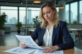 Femme professionnelle examinant des contrats de logement dans un bureau immobilier moderne