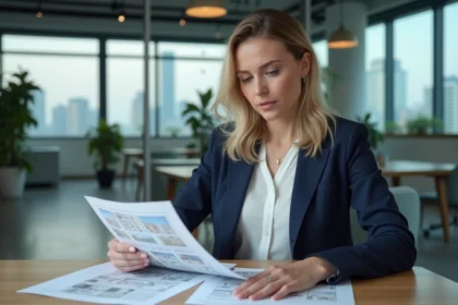 Femme professionnelle examinant des contrats de logement dans un bureau immobilier moderne