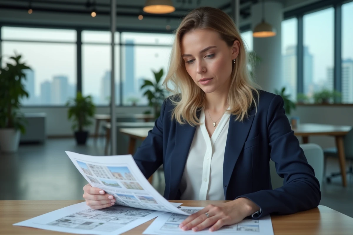 Femme professionnelle examinant des contrats de logement dans un bureau immobilier moderne