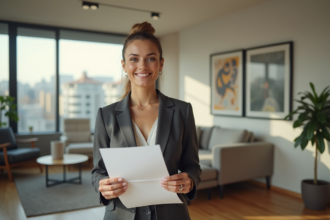 Femme professionnelle tenant des documents dans un appartement moderne